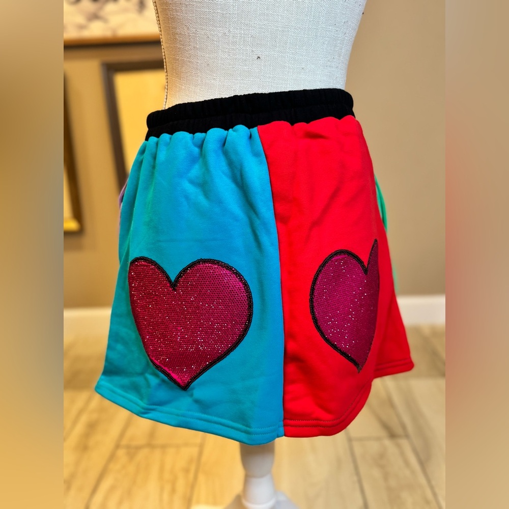 New! QUEEN OF SPARKLES Color Block Rhinestone Heart Skort - Picture 7 of 11